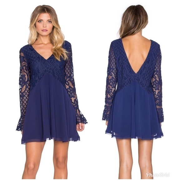 Tularosa Skylar V-Neck Lace Navy Long Sleeve Dress - Picture 1 of 8